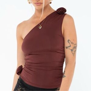 Lioness, Brown Rendezvous One-Shoulder Top, L - New With Tags